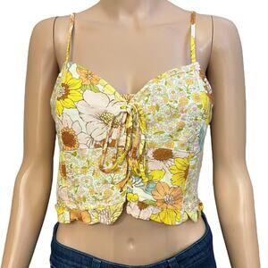American Eagle Floral Lace Up Crop Top Medium Linen Blend Woven Patchwork Boho